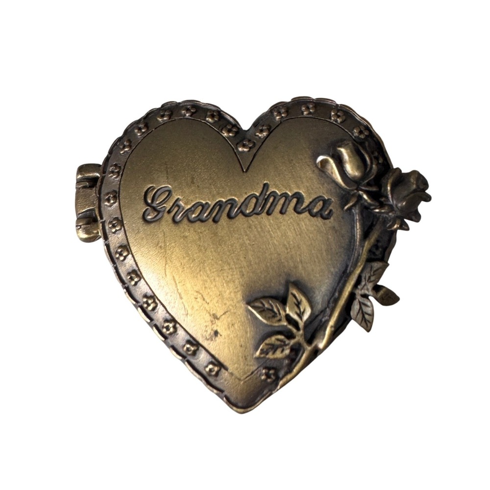 Vintage JJ Jonette Jewelry Grandma Heart Locket Brooch Bronze Tone Rose Floral